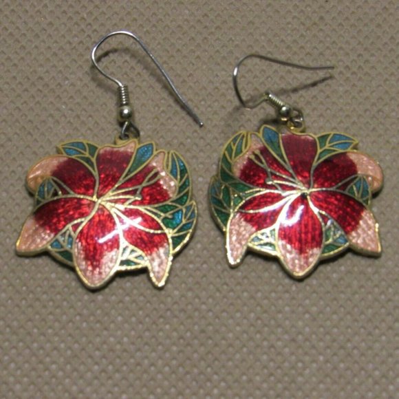 Jewelry - Vintage Enamel Cloisonne Pierced Earrings Red Pink
